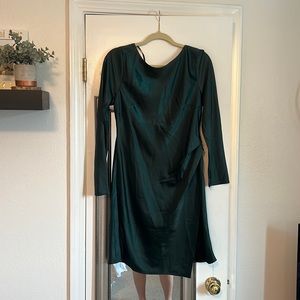 Satin Emerald Green 3/4 sleeve, slit, open back dress by Saints + Secrets